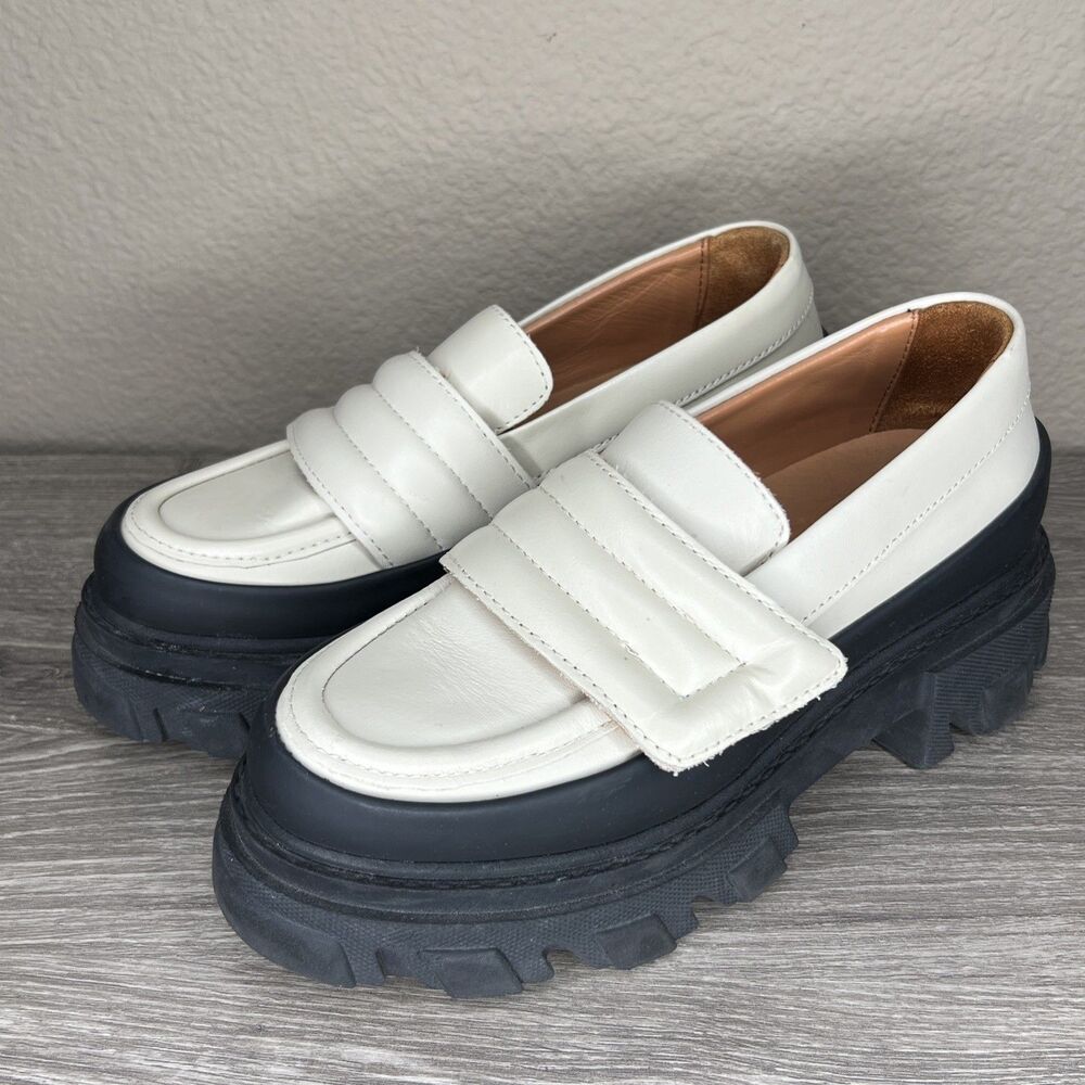 Ganni Chunky Leather Platform Puffy Loafers Cream Black EU 36 US 5.5 Designer